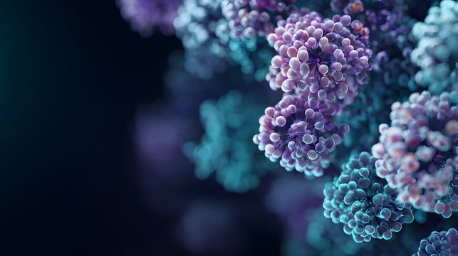 A microscopic view of purple and blue cells on a dark background