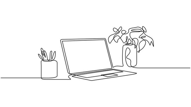 Animated self drawing of one continuous line draw electric metal flexible desk lamp and flower. Animation of the workspace with displays. 4k whiteboard video for presentation on market research