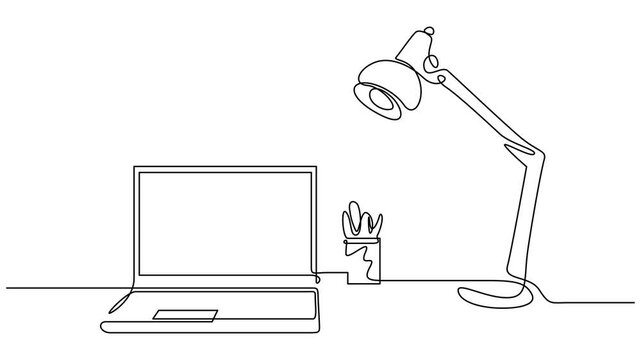Animated self drawing of one continuous line draw electric metal flexible desk lamp and flower. Animation of the workspace with displays. 4k whiteboard video for presentation on market research
