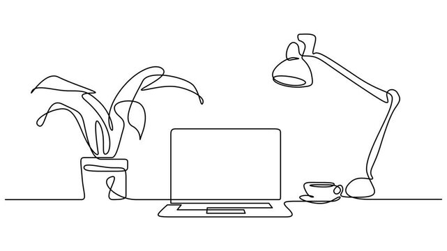 Animated self drawing of one continuous line draw electric metal flexible desk lamp and flower. Animation of the workspace with displays. 4k whiteboard video for presentation on market research