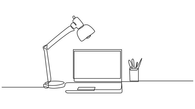Animated self drawing of one continuous line draw electric metal flexible desk lamp and flower. Animation of the workspace with displays. 4k whiteboard video for presentation on market research