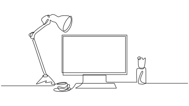 Animated self drawing of one continuous line draw electric metal flexible desk lamp and flower. Animation of the workspace with displays. 4k whiteboard video for presentation on market research