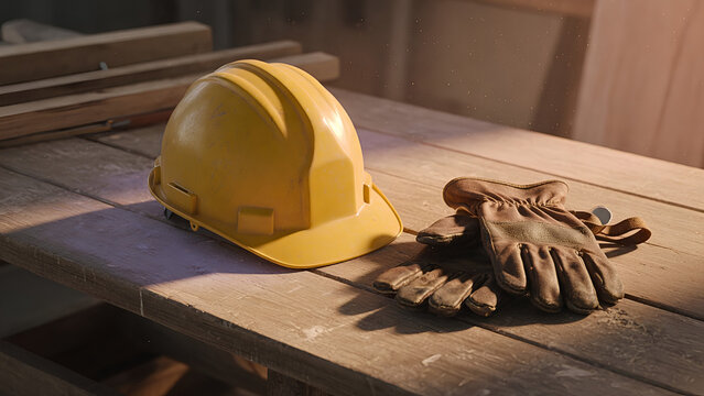 Yellow hard hat and leather gloves on dusty wooden workbench