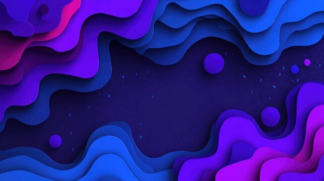 Layered abstract design features undulating waves of deep blues and vibrant purples