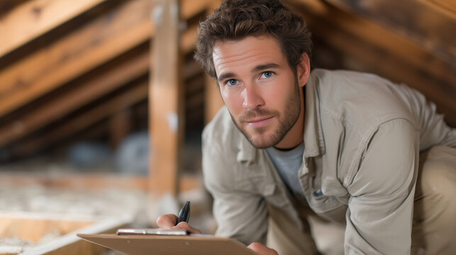 Home inspector crouches inside a cramped attic crawl space, flashlight angled toward a section of cracked rafters, face registering clear concern. Dust motes hang suspended in the narrow beam, a cli