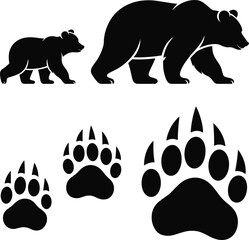 Black Bear and Cub Silhouettes with Paw Prints on White Background Keywords: bear, cub, mother bear, baby bear, silhouette, paw © MdMehedi