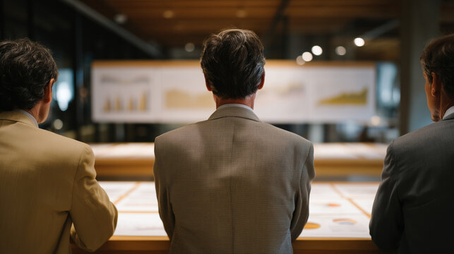 Government auditors in grey suits examine large printed AI governance compliance charts pinned to office walls, regulatory inspection afternoon, policy enforcement, federal technology oversight, bur