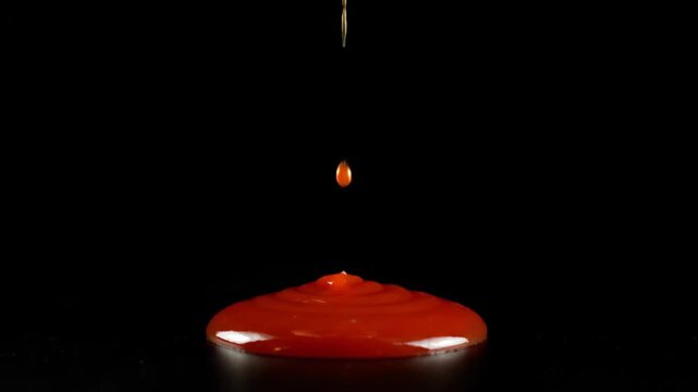 Slow Motion Capture of Red Liquid Droplet Falling and Splashing on Surface.