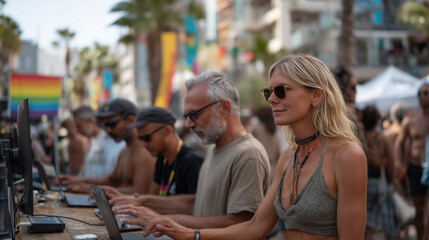 Fototapeta premium Vibrant outdoor Pride Month festival booth where LGBTQ volunteers demonstrate generative AI portrait creation tools to curious attendees, rainbow flags, summer crowd, inclusive technology education,