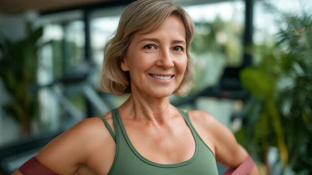 Woman in her fifties strength training with resistance bands in home gym space surrounded by natural light and plants for menopause bone density maintenance, perfect for midlife fi