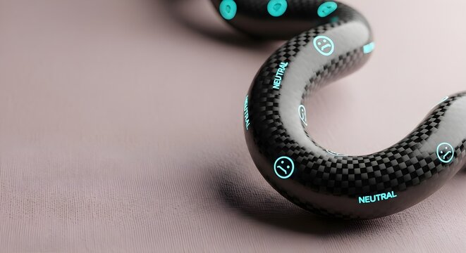 Matte Carbon Fiber Infinite Loop Mobius Strip with Glowing Cyan Neutral Mood Icons Over Dusty Rose Linen Background for Perpetual Data Concept