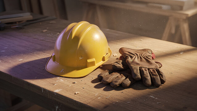 Yellow hard hat and worn leather work gloves on wooden workbench, construction safety concept