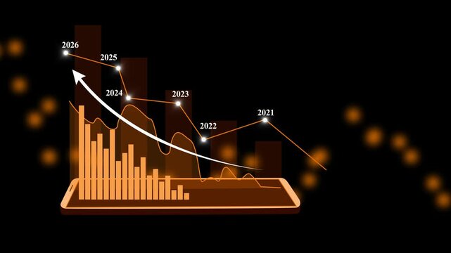 Technology-themed graph on tablet with descending line chart animation 2021 to 2026