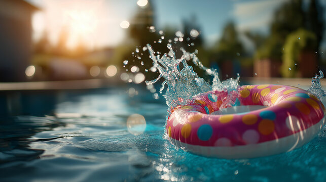 Cinematic wide view of a bright softly defocused sunny pool with a colorful float ring and water splashes frozen mid air no visible faces summer leisure pool fun vacation