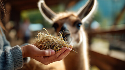 Fototapeta premium Close up of a small hand gently offering a handful of hay to a soft focused llama on a bright softly defocused farm background farm visit animal interaction family bonding
