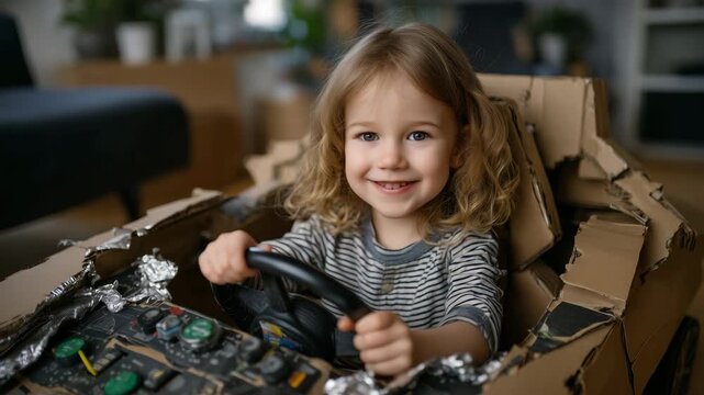 Young girl constructs elaborate cardboard spaceship cockpit in modest living room, aluminum foil controls and painted buttons, stuffed animal copilot, imagination transforming ordi