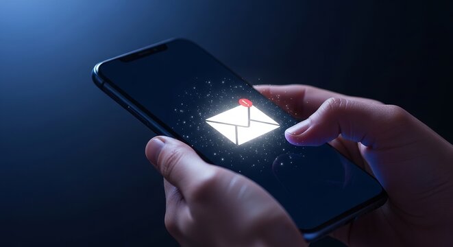 Person holding smartphone with glowing email notification icon on screen
