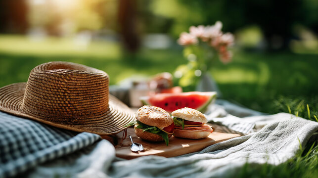 Overhead flat lay of a picnic blanket with a straw hat sandwiches cut watermelon and a small toy car on a bright softly defocused sunny grass lawn family picnic park bonding