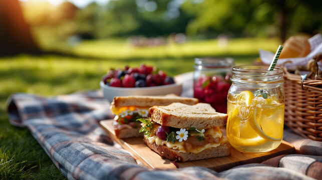 Overhead flat lay of a picnic spread with sandwiches fresh fruit bowls lemonade jar and a gingham blanket on a bright softly defocused grass lawn outdoor lunch family picnic