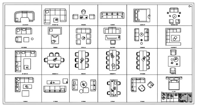 Comprehensive Architectural Furniture Block Library for AutoCAD 2D and Floor Plans, Featuring Modern Sofa and Couch Sets, Dining Tables and Plan Vector Icons for Design