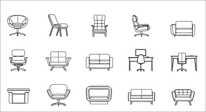 Comprehensive Set of 2D CAD Furniture Blocks for Architectural Interior Design Planning, Featuring Vector Icons of Sofas, Armchairs, and Desks for Technical Blueprints.