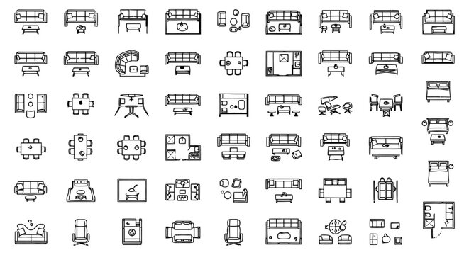 Professional 2D CAD Block Library for Architectural Furniture and Interior Design Floor Plans featuring Sofa and Couch icons, Table Layouts, and Technical Blueprints.