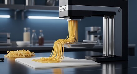 Naklejka premium Premium automatic pasta maker extruding fresh, golden spaghetti onto a clean white cutting board.