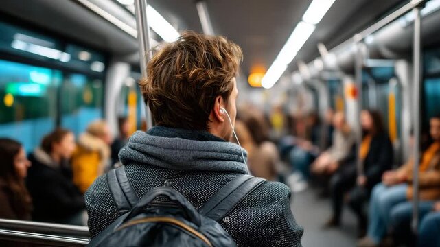 Young professional sitting alone in crowded subway car, earbuds in but music paused, passengers blurred in motion, gripping backpack straps tight, harsh overhead lighting on metal