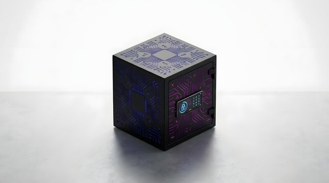 Isometric black digital safe box with glowing circuit lines and electronic keypad. High security data storage and finance concept.