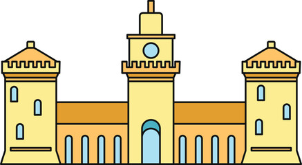 Illustrating a medieval palace fortress with a central clock tower and side turrets © anatolir