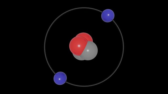 3D animation of Helium (He) atom showing shells and subshells with electron orbits around the nucleus containing protons and neutrons, illustrating atomic structure with a transparent background.