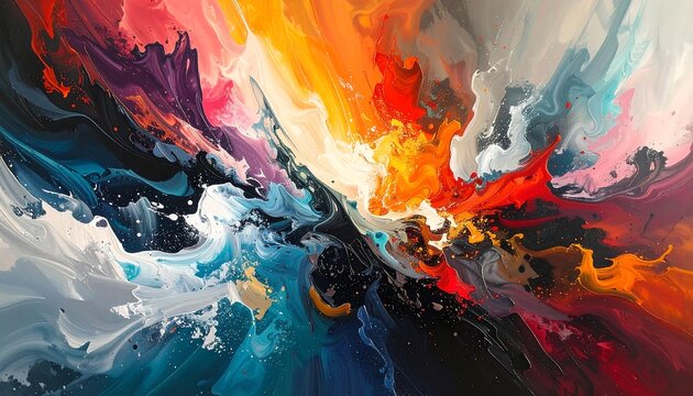 Vibrant splash of colors exploding outward, blending fluidly with dynamic, abstract textures