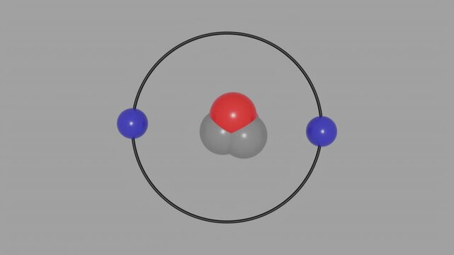 3D animation of Helium (He) atom showing shells and subshells with electron orbits around the nucleus containing protons and neutrons, illustrating atomic structure and energy levels for STEM 