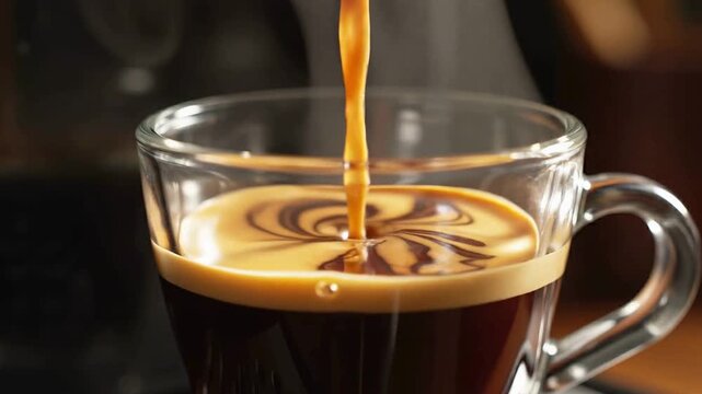Fresh espresso pouring into a clear glass cup creating beautiful swirling foam patterns captured in this professional motion stock video