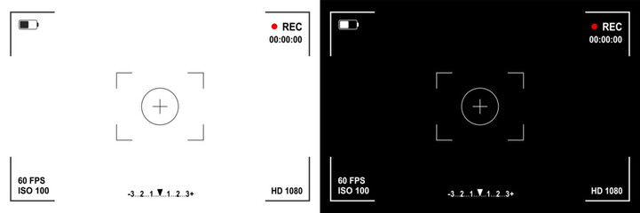 Plakat Photo or video camera viewfinder display screen frame, camera interface overlay shows information indicators, dark and light mode recording, frame from surveillance