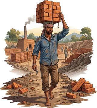 Brick Field Worker Carrying Bricks Vector Illustration