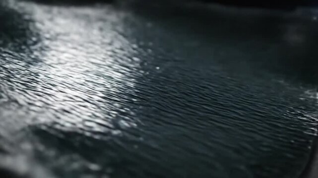 Abstract macro shot revealing textures of paper rolling to expose dark flowing material with liquid reflections
