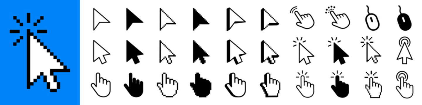 Click cursor set icon, arrow and hand pointer, computer cursor mouse forms