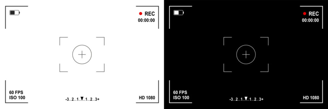 Photo or video camera viewfinder display screen frame, camera interface overlay shows information indicators, dark and light mode recording, frame from surveillance