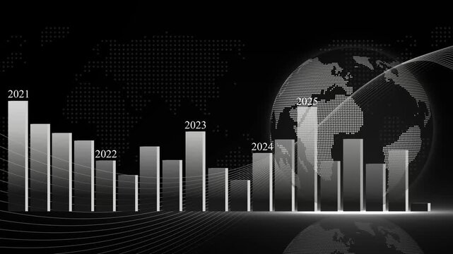 Digital bar chart with years 2021-2026 animation, glowing vertical bars decreasing then varying