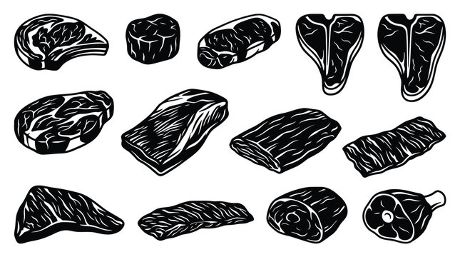 Black and White Line Art Collection of Assorted Meat Cuts