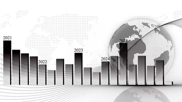 Digital bar chart with years 2021-2026 animation, glowing vertical bars decreasing then varying