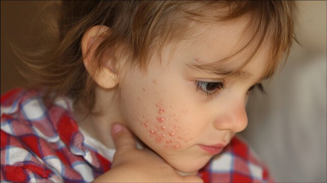 Close-up medical illustration of chickenpox viral infection symptoms on human skin, itchy red blisters and rash development, contagious varicella zoster virus disease, pediatric infectious health cond