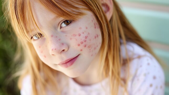 Close-up medical illustration of chickenpox viral infection symptoms on human skin, itchy red blisters and rash development, contagious varicella zoster virus disease, pediatric infectious health cond