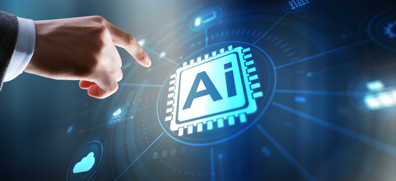 A businessman interacts with a glowing AI icon on a futuristic digital interface dashboard