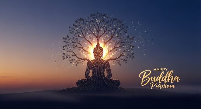 Happy Buddha Purnima spiritual illustration with glowing meditating Buddha tree silhouette at sunset