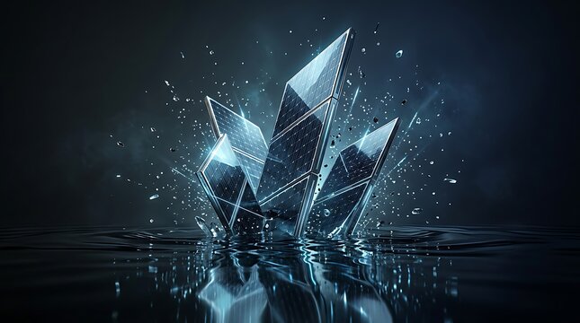 Abstract digital crystal shards exploding from water surface.