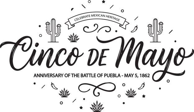 Cinco de Mayo elegant script typography vector with cactus decorative elements Mexican heritage celebration anniversary lettering banner design