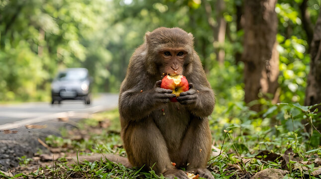 Monkey eating fruit on forest floor near road, wild primate in natural habitat, India