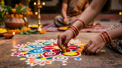 Obraz premium Close-up of Indian woman's hands wearing bangles, meticulously adding yellow powder to a colorful Rangoli artwork during a festival, showcasing intricate detail and tradition.